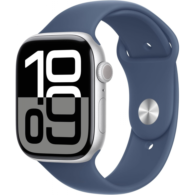 Apple Watch Series 10 (GPS, 46mm) - Silver Aluminium Case with S/M Denim Sport Band