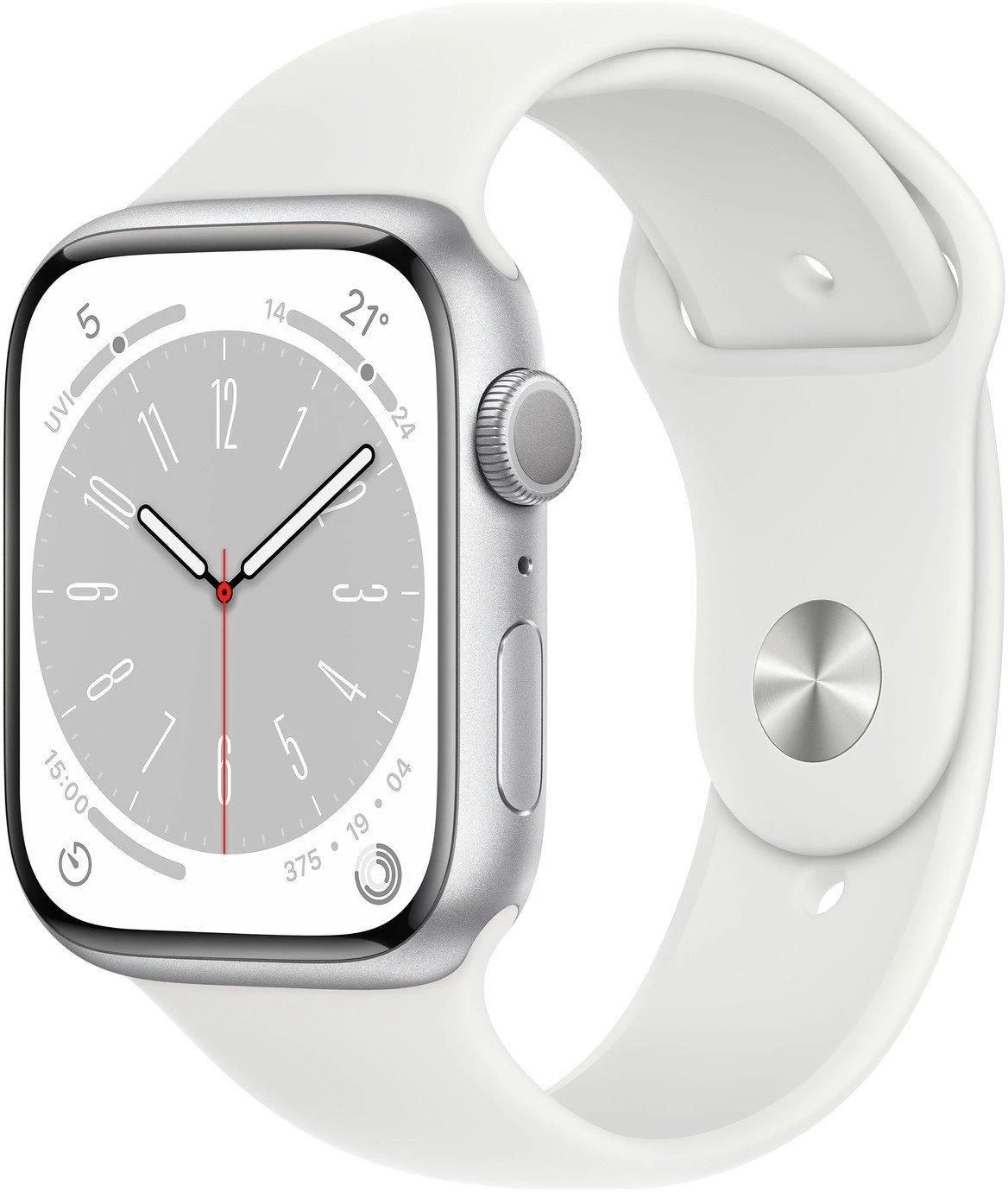 Apple Watch Series 8 (GPS, 45mm) - Silver Aluminium Case with M/L White  Sport Band